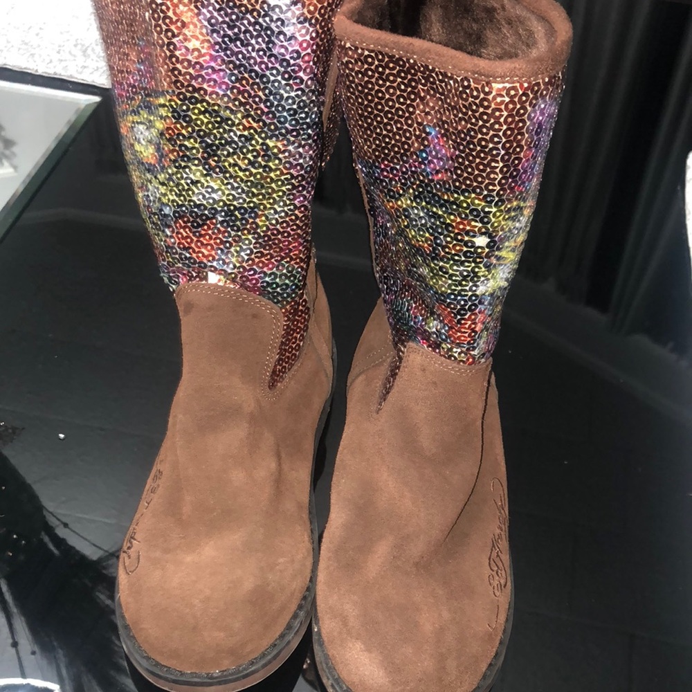 Brown Ed Hardy sequins boots.
